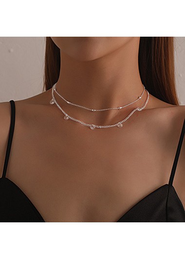 Rosewe Fashion Silver Rhinestone Metal Detail Layered Necklace - One Size