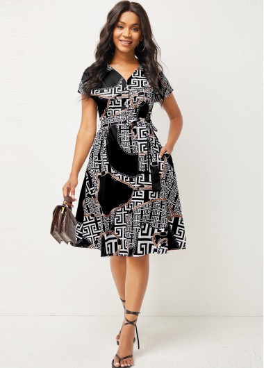 Rosewe Cocktail Party Dress Short Sleeve Printed V Neck Shirt Dress - L