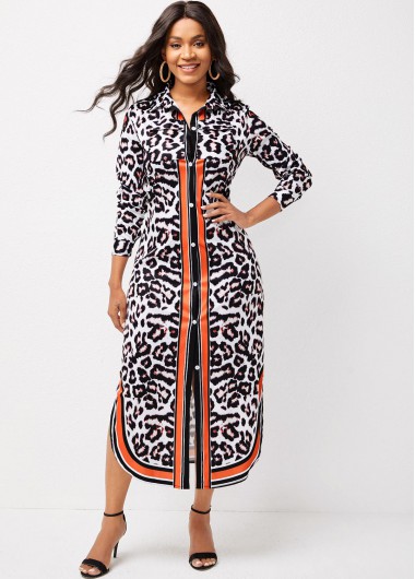 Rosewe Cocktail Party Dress Button Up Long Sleeve Leopard Dress - S