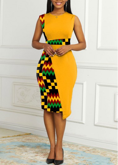 Rosewe Cocktail Party Dress Contrast Round Neck Tribal Print Dress - XL