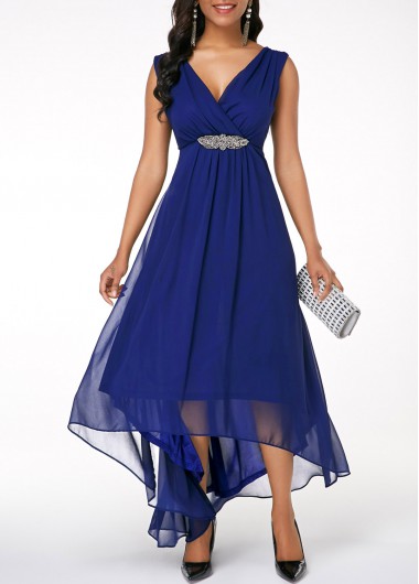 Rosewe Cocktail Party Dress Asymmetric Hem V Neck Sleeveless Dress - S