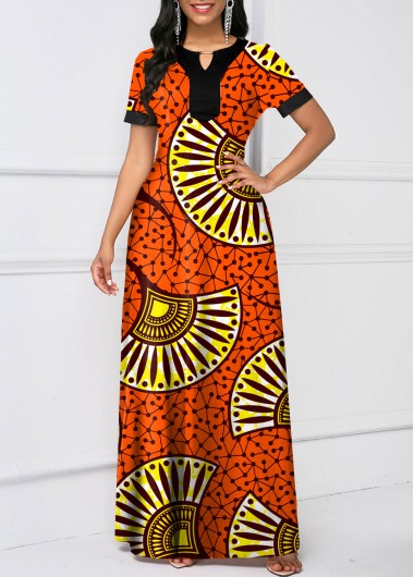 Rosewe Cocktail Party Dress Short Sleeve Tribal Print Keyhole Neckline Dress - S