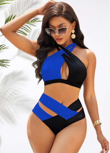 Rosewe High Waist Cross Halter Contrast Bikini Set - M