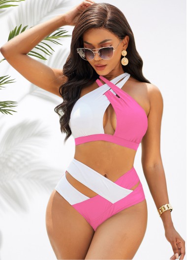 High Waist Cross Halter Contrast Bikini Set
