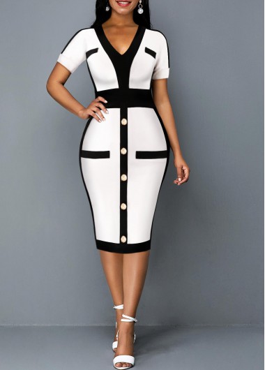 Rosewe Cocktail Party Dress V Neck Short Sleeve Contrast Dress - XL