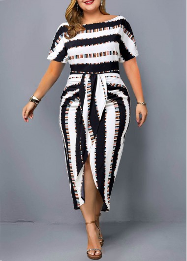 Rosewe Tie Front Striped Plus Size Dress - 1X