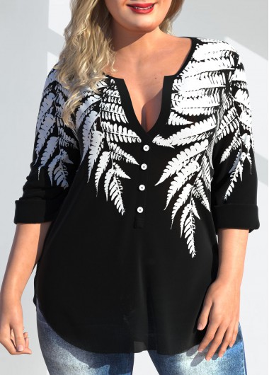 Rosewe Split Neck Plus Size Leaf Print Blouse - 1X