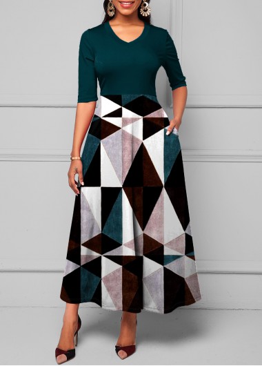 Rosewe Cocktail Party Dress Pocket V Neck Geometric Print Dress - S