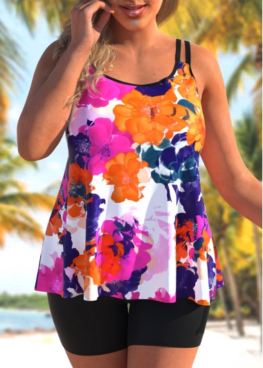 Rosewe Floral Print Double Straps Plus Size Tankini Set - 3X