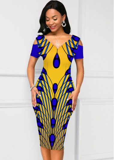 Rosewe Cocktail Party Dress Geometric Print V Neck Cold Shoulder Dress - M