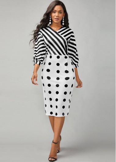 Rosewe White Dresses Stripe and Polka Dot Print Lantern Sleeve V Neck Dress - L