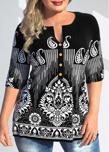 Rosewe Tribal Print Plus Size Split Neck Blouse - 3X