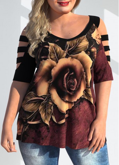 Rosewe Floral Print Ladder Cutout Plus Size T Shirt - 2X
