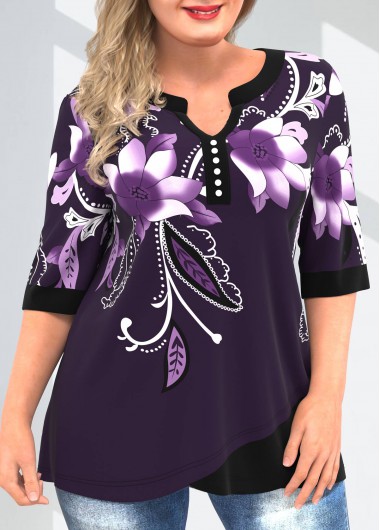 Rosewe Floral Print Plus Size Split Neck Blouse - 3X
