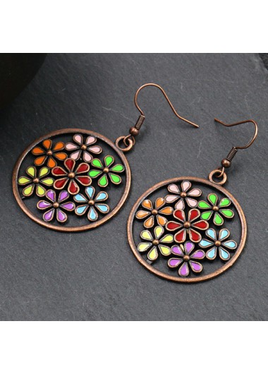 Rosewe Chic Metal Circle Design Floral Detail Earrings - One Size