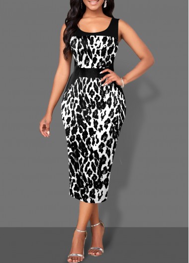 Rosewe Cocktail Party Dress Wide Strap Bodycon Monochrome Leopard Dress - L