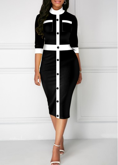 Rosewe Cocktail Party Dress Decorative Button Double Pocket Three Quarters Sleeve Dress - M