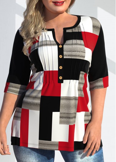 Rosewe Geometric Print Plus Size Split Neck T Shirt - 3X