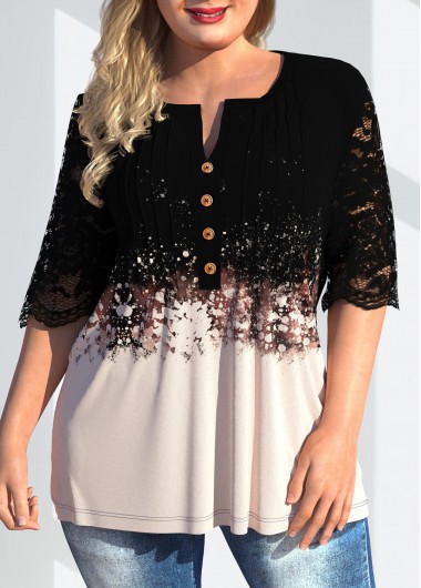 Rosewe Plus Size Split Neck Lace Patchwork T Shirt - 1X