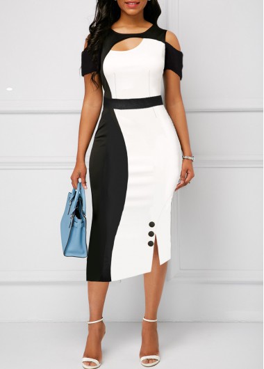 Rosewe Cocktail Party Dress Cutout Color Block Cold Shoulder Dress - L