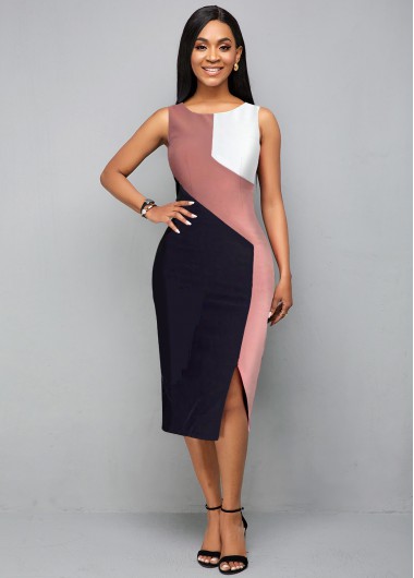 Rosewe Cocktail Party Dress Sleeveless Round Neck Color Block Dress - L