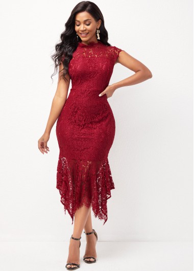 Rosewe Cocktail Party Dress Mock Neck Lace Asymmetric Hem Short Sleeve Dress - S