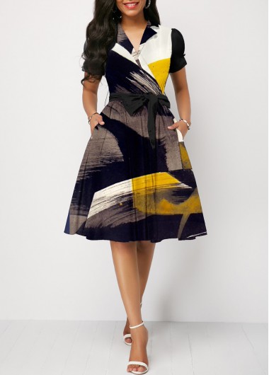 Rosewe Cocktail Party Dress Belted Notch Neck Graffiti Print Dress - XL