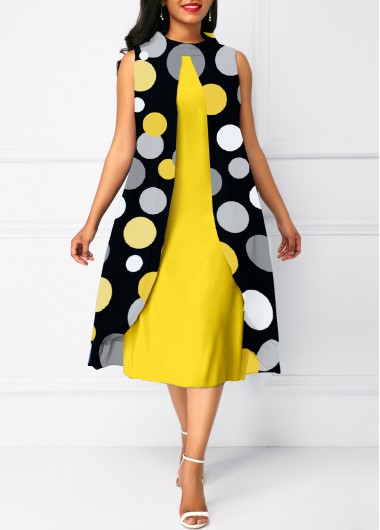 Rosewe Cocktail Party Dress Faux Two Piece Polka Dot Round Neck Dress - XL