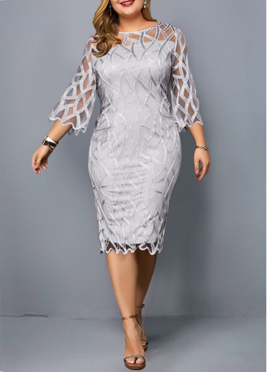 Rosewe Plus Size Round Neck 3/4 Sleeve Dress - 3X