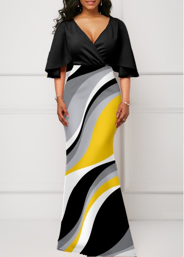 Rosewe Cocktail Party Dress V Neck Flare Sleeve Geometric Print Dress - L
