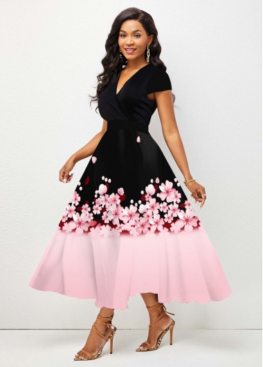 Rosewe Cocktail Party Dress V Neck Floral Print Ombre Dress - S