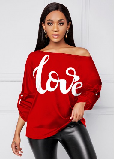 Rosewe Long Sleeve Skew Neck Letter Print T Shirt - XXL