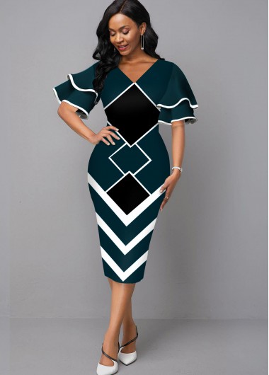 Rosewe Cocktail Party Dress V Neck Geometric Print Layered Bell Sleeve Dress - XXL