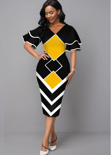 Rosewe Cocktail Party Dress Layered Bell Sleeve Geometric Print V Neck Dress - XXL