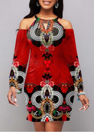 Rosewe Red Dresses Cold Shoulder Long Sleeve Tribal Print Dress - S