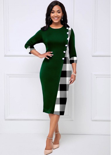 Rosewe Cocktail Party Dress Checkered Decorative Button Round Neck Dress - S