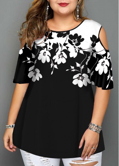 Rosewe Floral Print Cold Shoulder Plus Size T Shirt - 1X