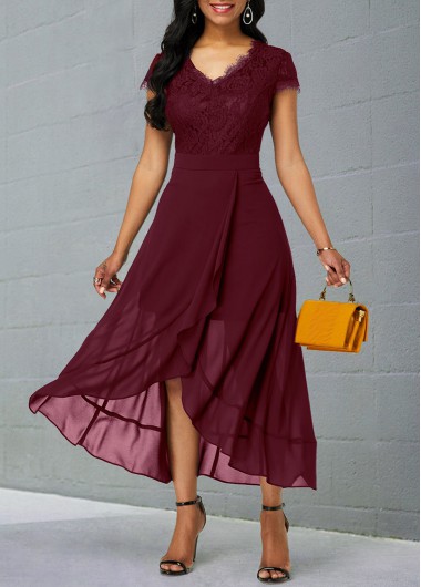 Rosewe Cocktail Party Dress Chiffon Lace Patchwork Short Sleeve Dress - M