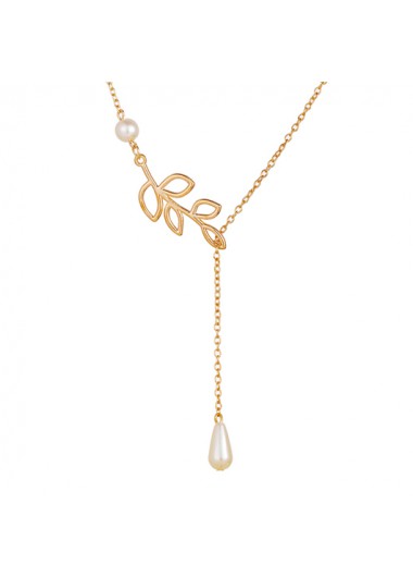 Rosewe Fashion Metal Leaf Design Pearl Detail Necklace - One Size