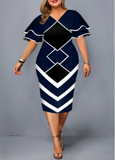 Rosewe Geometric Print Plus Size Short Sleeve Dress - 2X
