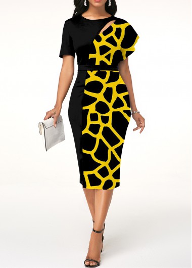 Rosewe Black Dresses Geometric Print Short Sleeve Sheath Dress - S