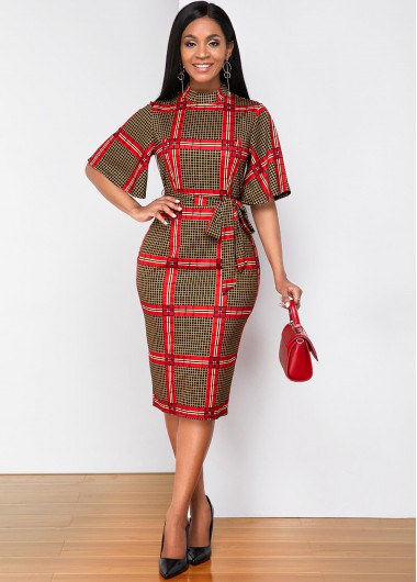 Rosewe Red Dresses Belted Plaid Mock Neck Bodycon Dress - S