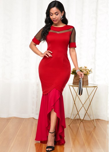 Rosewe Cocktail Party Dress Mesh Stitching Short Sleeve Round Neck Dress - M