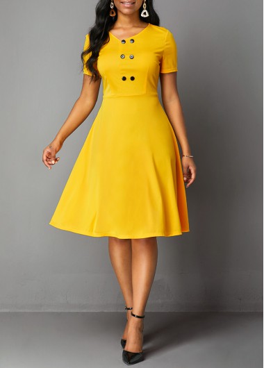 Rosewe Cocktail Party Dress Short Sleeve Double Breasted V Neck Dress - S