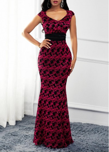 Rosewe Cocktail Party Dress Cap Sleeve Lace Patchwork V Neck Dress - XXL