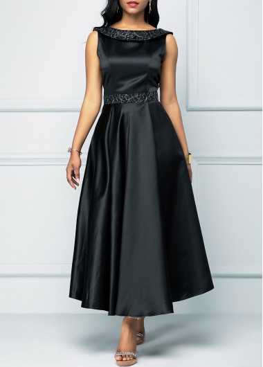 Women&apos;S Black Vintage Satin Open Back Formal Dress O Neck Sleeveless High Waisted Fit And Flare Maxi Evening Party Dress By Rosewe - S