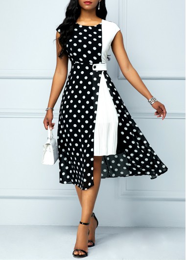 Women&apos;S Black And White Summer Casual Dress Polka Dot Printed Fit And Flare High Waisted Cape Sleeve Short Sleeve Work Dress By Rosewe - XXL