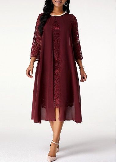 Women&apos;S Wine Red Chiffon Overlay Cocktail Party Dress Burgundy Lace Three Quarter Sleeve Sheath Midi Dress By Rosewe - S