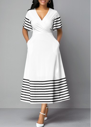 Women&apos;S White Mock Wrap Stripe Printed Dress With Pockets V Neck Short Sleeve Midi Casual Dress By Rosewe - M