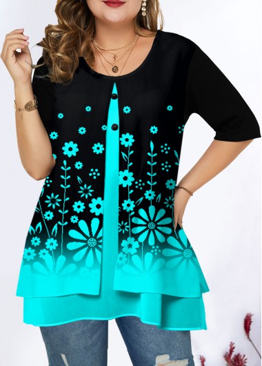 Rosewe Floral Print Ombre Plus Size T Shirt - 2X